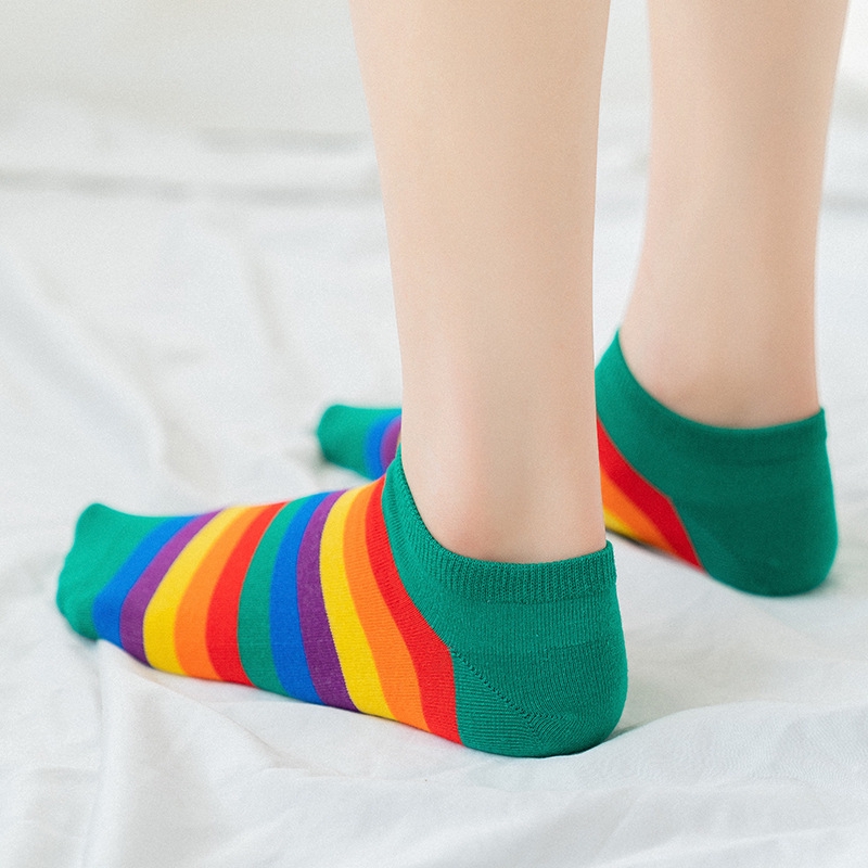 1 Đôi Tất Cotton Cổ Thấp Kẻ Sọc Cầu Vồng Chất Lượng Cao Phong Cách Hàn Quốc Cho Nữ