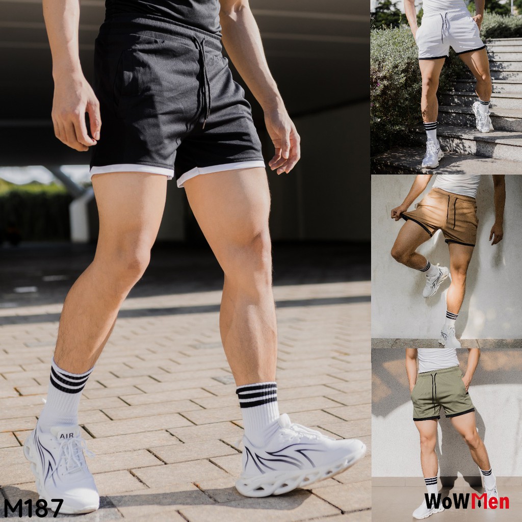 Quần Short Đùi Thun Nam Trơn Viền Màu Tập Gym Thể Thao Đi Bơi Đi Biển Mạc Nhà - M187