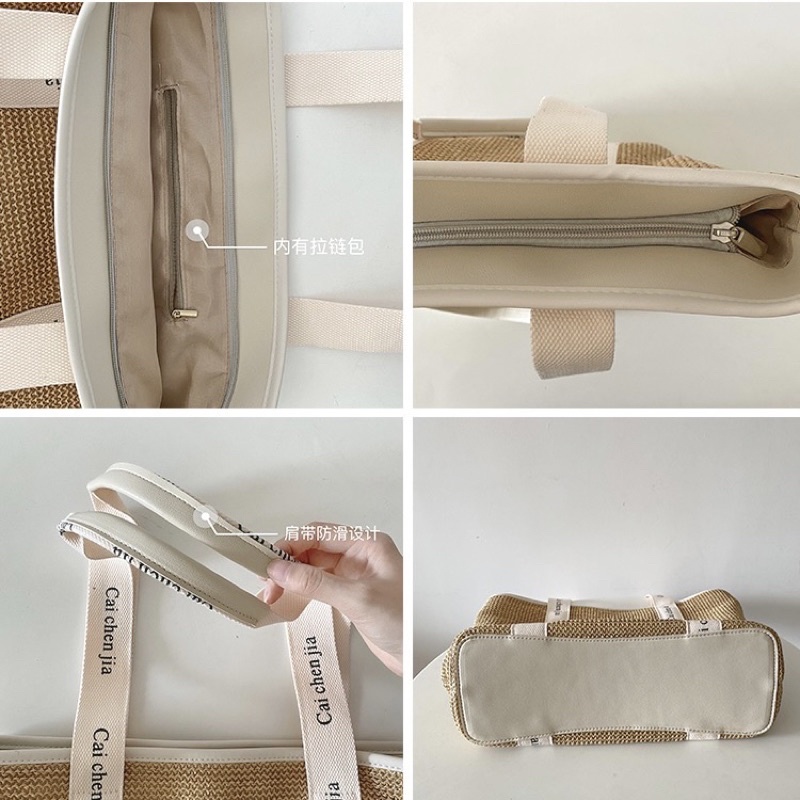 Túi tote đeo vai bằng cói dây đeo in chữ Caichenjia