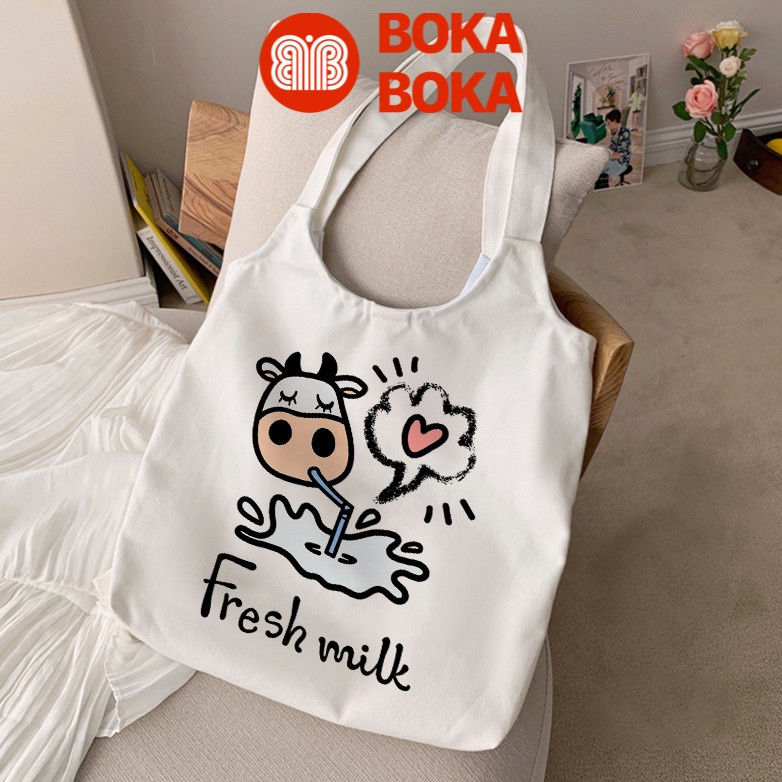 Túi Tote Bò Sữa Vải Canvas Quai Tròn Có Khóa Miệng Túi