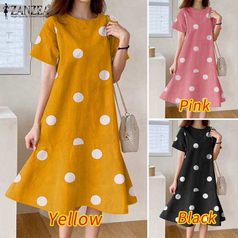 Đầm Zanzea kiểu chữ A tay ngắn viền bèo họa tiết chấm bi thời trang cho nữ