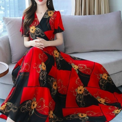 Váy Đi Biển - Đầm Maxi Dáng Dài Cổ V Họa Tiết Voan Lụa Quảng Châu Cao Cấp Siêu Sang