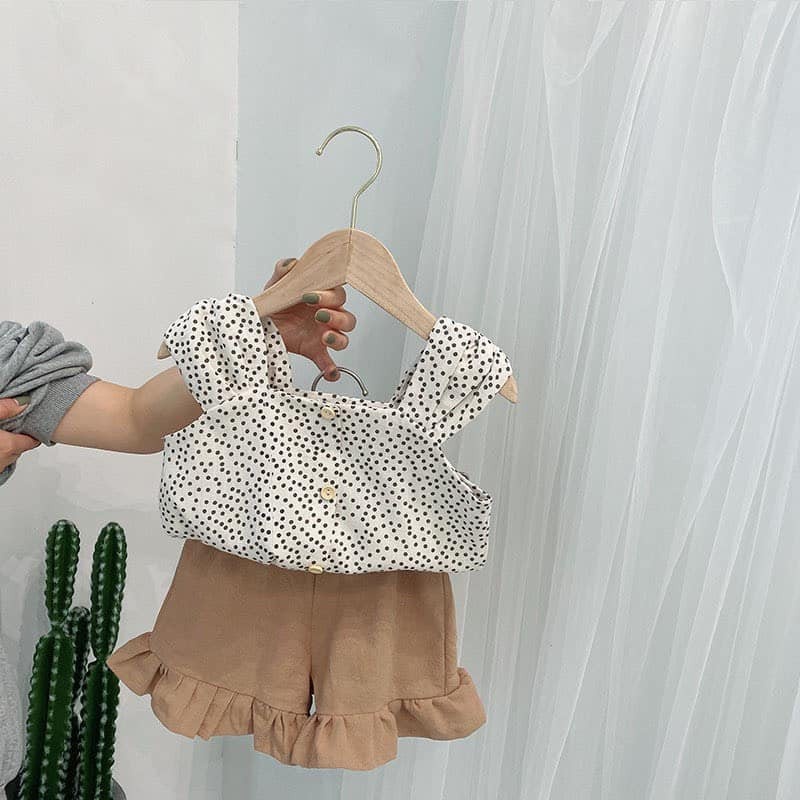 Đồ bộ trẻ em cho bé gái set bộ mùa hè áo chấm bi mix quần sooc đũi nâu cho bé xinh xắn điệu đà JIMADO SF575