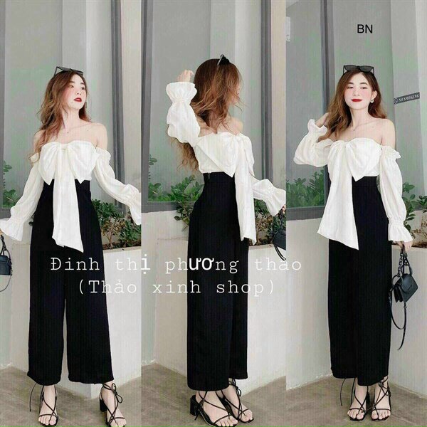 [10,10 Sales Freeship]  Set bộ áo trắng trễ vai nơ tay dài phối quần đen ống rộng đi chơi, đi biển dễ thương