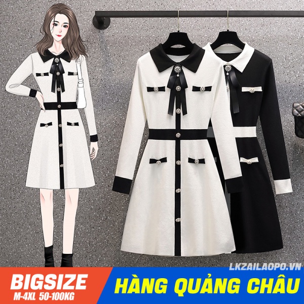 BIGSIZE nữ 45-100kg Váy Đầm len dệt kim suông Dáng Rộng Phối Nơ tay dài mùa thu Phong cách Hàn Quốc Thời Trang cá tính xinh đẹp quảng châu cao cấp