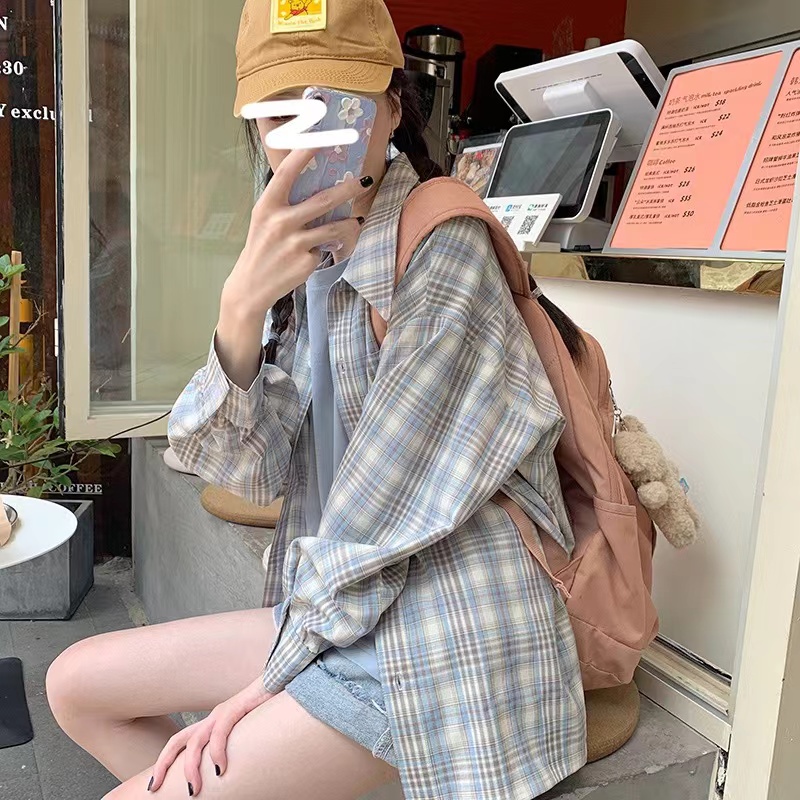 SUXI Áo Sơ Mi Caro Tay Dài Cổ Vuông Dáng Rộng Trẻ Trung Hợp Thời Trang Cho Bạn Gái