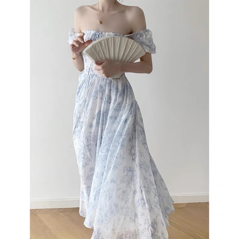 Đầm midi hoa xanh nơ ngực cổ vuông mặc được 2 kiểu phong cách Retro Pháp, đầm đi biển siêu xinh