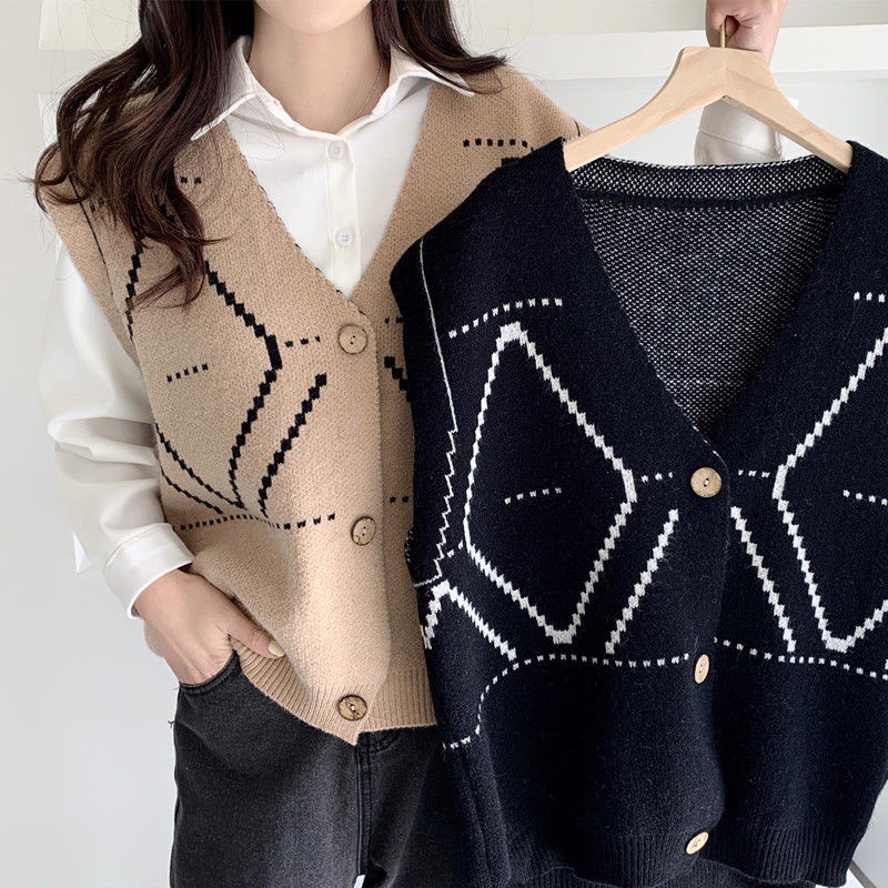 Đen Áo Khoác Len Cardigan Không Tay Đính Khuy Đơn Giản Trẻ Trung Cho Bạn Gái