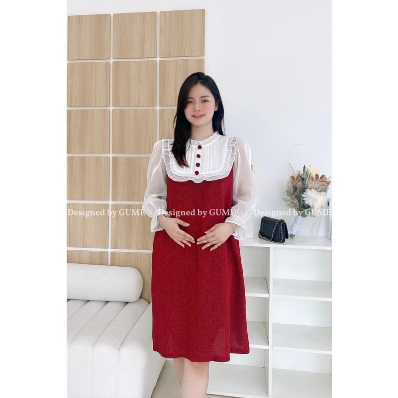 Váy bầu bigsize 40-100kg Vải dạ tăm cao cấp 2 lớp ĐỎ/ĐEN phối organza trắng, cổ bèo đính ngọc MB201)