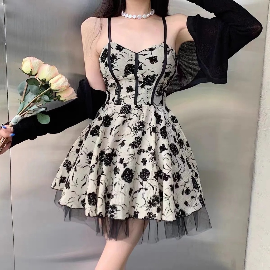 Bộ Áo Khoác Cardigan Chống Nắng + Đầm Hai Dây Phối Lưới Họa Tiết Hoa Phong Cách Pháp Thời Trang Mùa Hè Mới Cho Nữ