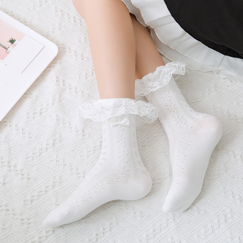 Đôi vớ cotton cổ cao ngang mắt cá chân phối ren nơ phong cách lolita thời trang mùa hè cho nữ