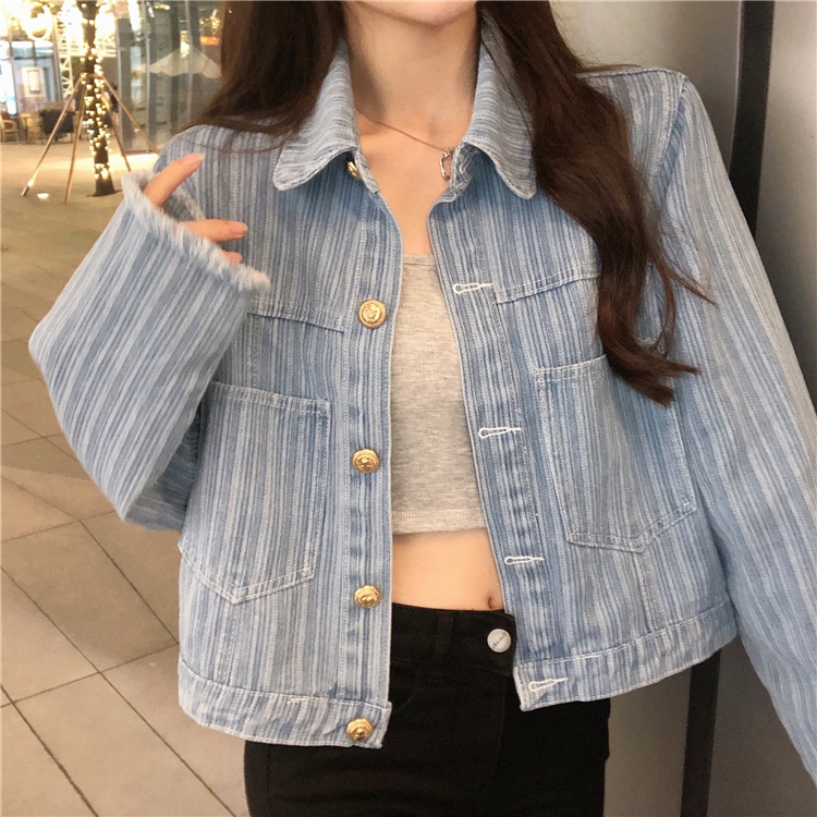 IELGY     Áo Khoác denim Tay Dài Kẻ Sọc Dọc Đơn Giản Dành Cho Nữ