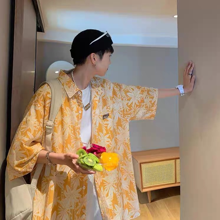 Áo Sơ Mi Lụa Tay Ngắn Dáng Rộng In Họa Tiết Hoa Trẻ Trung Phong Cách Hàn Quốc 2022 Cho Nam