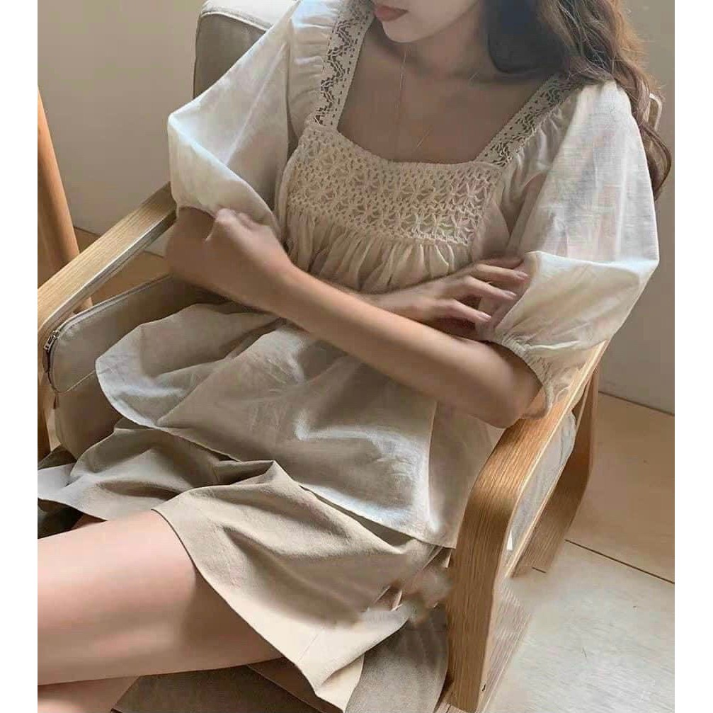 Set Babydoll Đũi Ren Hoa Cổ Vuông Bộ Nữ Quân Sooc Cao Cấp Full Size S M L 1St_Clothing | BigBuy360 - bigbuy360.vn