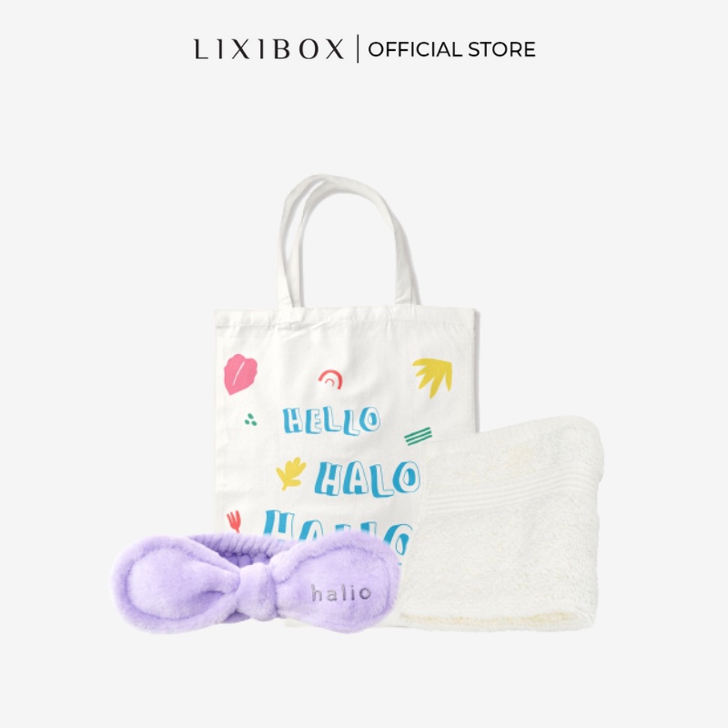 [HB gift] Combo Khăn mặt Cotton Lixibox Màu Trắng, Túi Tote - New design Halio, Băng Đô Rửa Mặt Halio - Purple