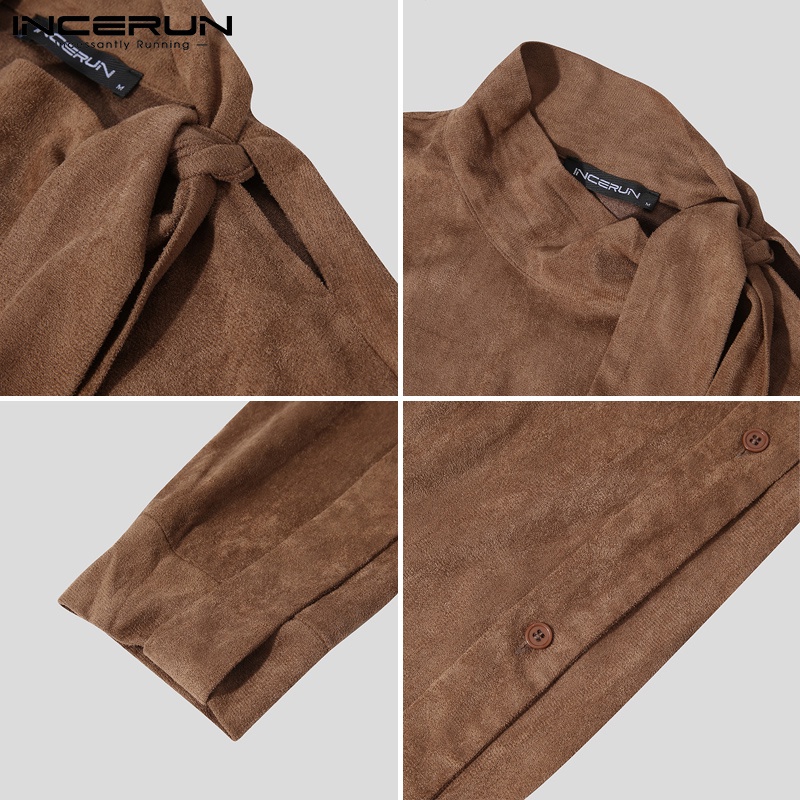 Áo INCERUN Dáng Rộng Tay Dài Cổ Phối Dây Thắt Màu Trơn Thời Trang Cho Nam
