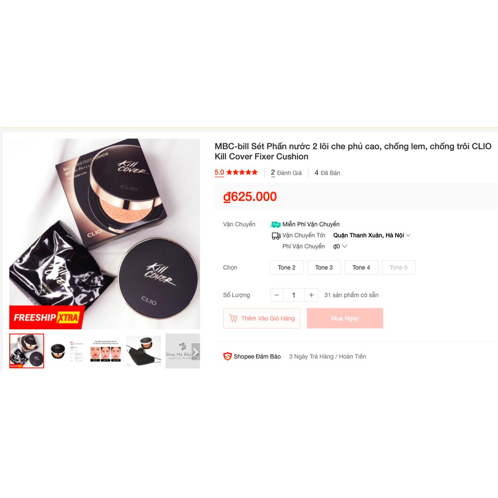 MBC Sét Phấn nước 2 lõi che phủ cao, chống lem, chống trôi CLIO Kill Cover Fixer Cushion | BigBuy360 - bigbuy360.vn