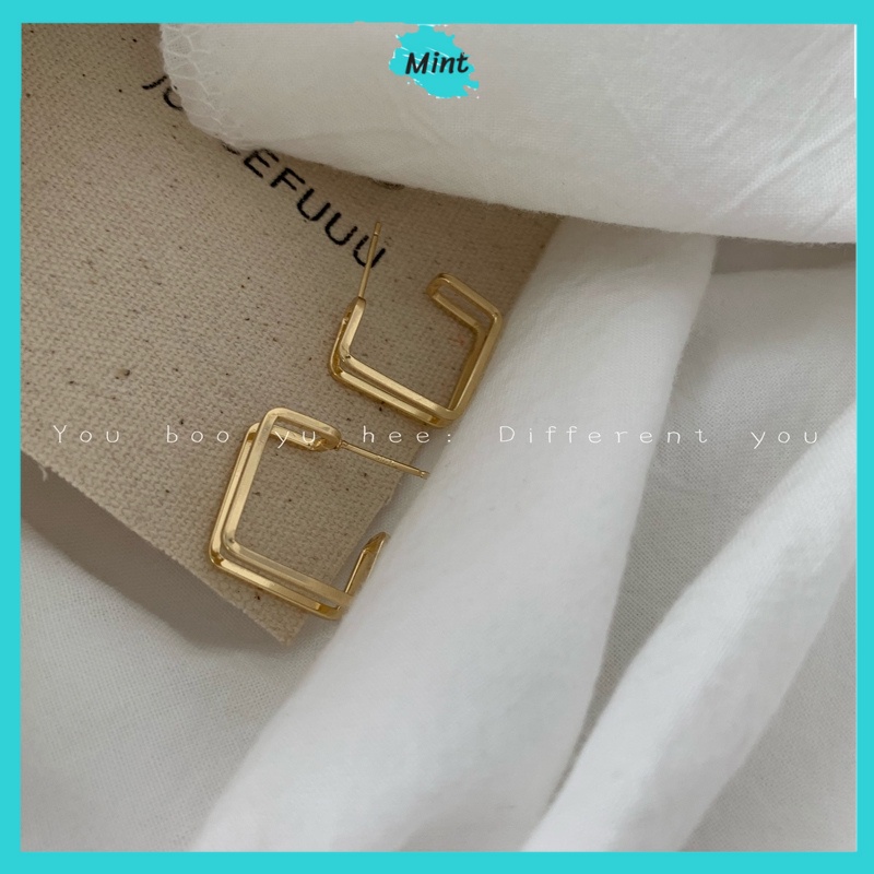 Bông Tai Nữ ❤️KHÔNG GÂY DỊ ỨNG❤️ Khuyên Tai Hai Mảnh Hình Vuông Chuôi Xỏ Bạc S925