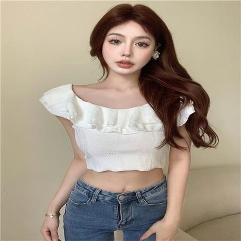 Áo Thun Croptop Dáng Ôm Màu Hồng Phối Bèo Thời Trang Mùa Hè Cho Nữ