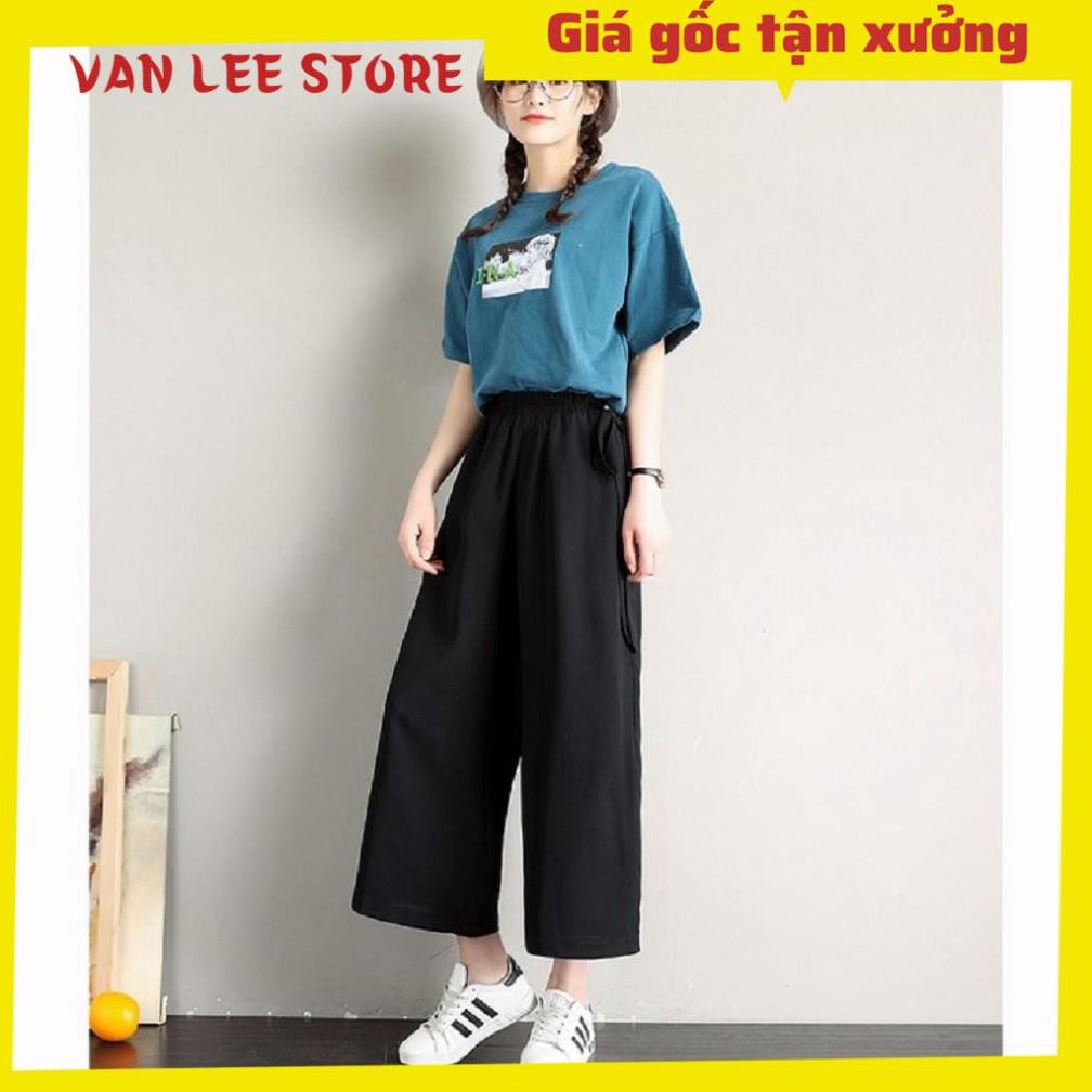 Quần ống rộng lửng nữ cạp chun VIETSTAR quần lửng baggy màu đen vải thun co giãn học sinh buộc nơ eo