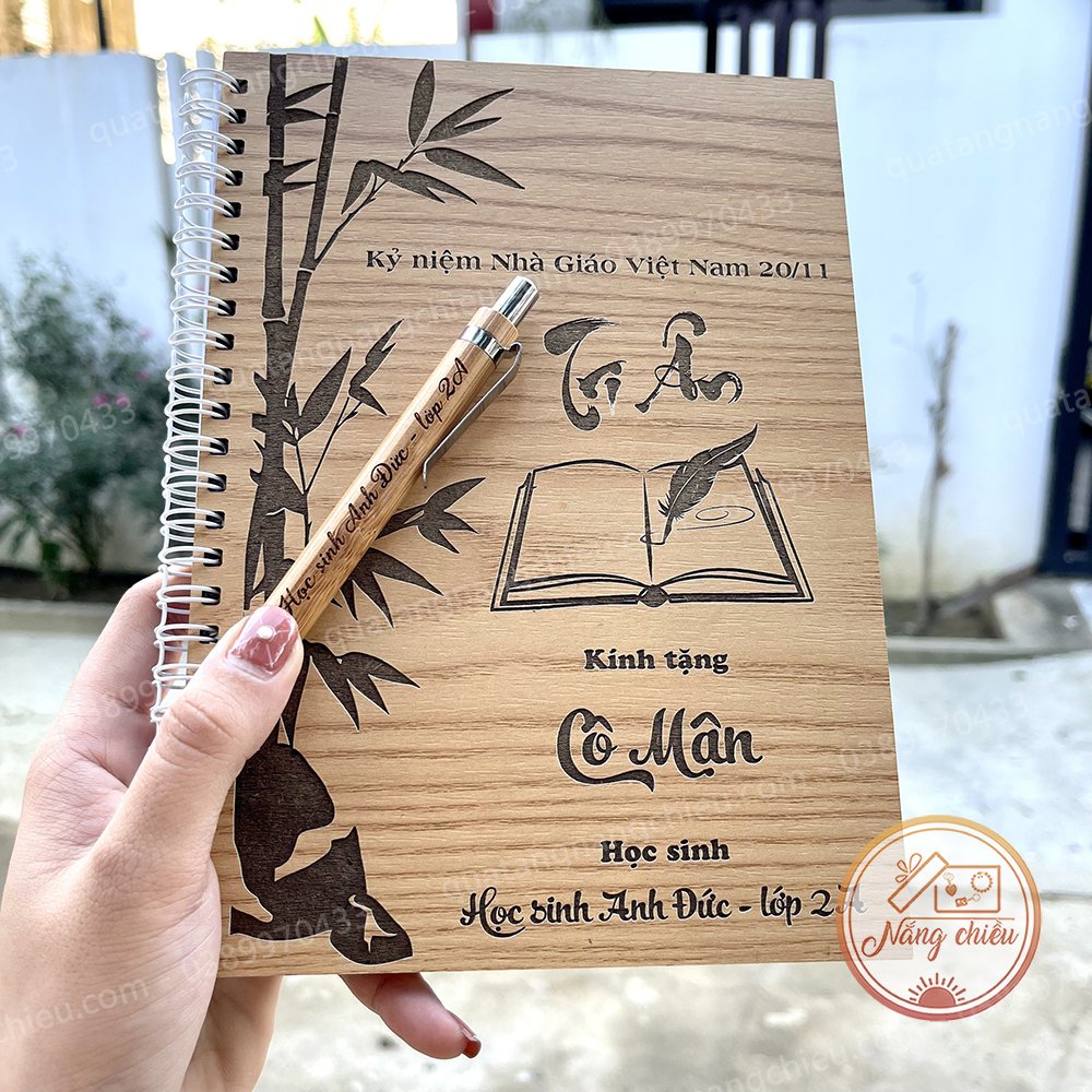 Combo sổ gỗ và bút tre khắc theo yêu cầu - Món quà ý nghĩa tặng thầy cô ngày Nhà Giáo Việt Nam