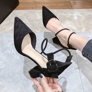 (Order) Giày cao gót da lộn phối quai chéo gót vuông 8cm