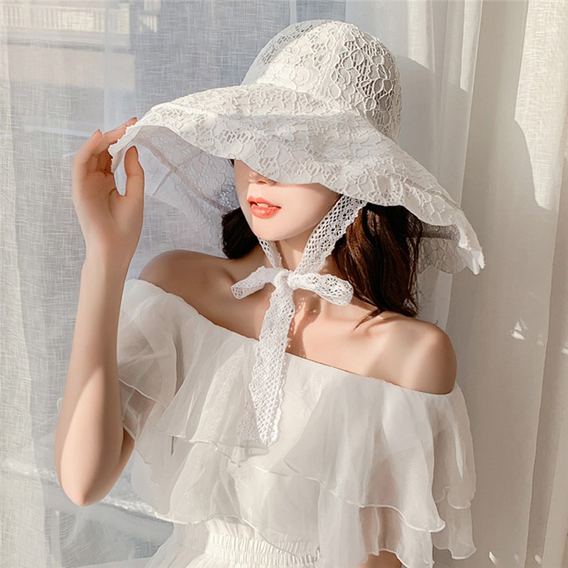 Mũ tai bèo vành rộng phối ren hoa thời trang đi biển mùa hè cho nữ