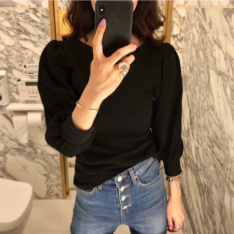 Áo thun nữ BH tay phồng cổ tròn màu trơn xinh xắn