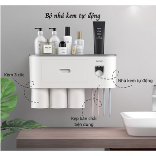 Kệ nhả kem đánh răng thông minh bộ nhả kem kèm 3 cốc đánh răng hút từ tính. hn