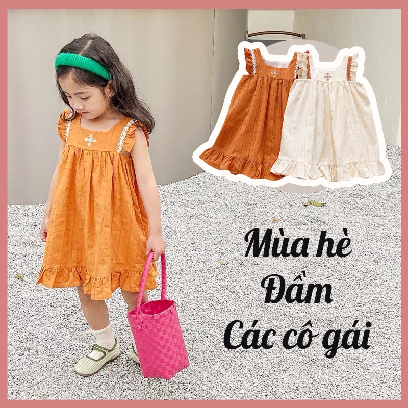 Đầm Không Tay Phối Bèo Thêu Họa Tiết Dễ Thương Dành Cho Bé Gái
