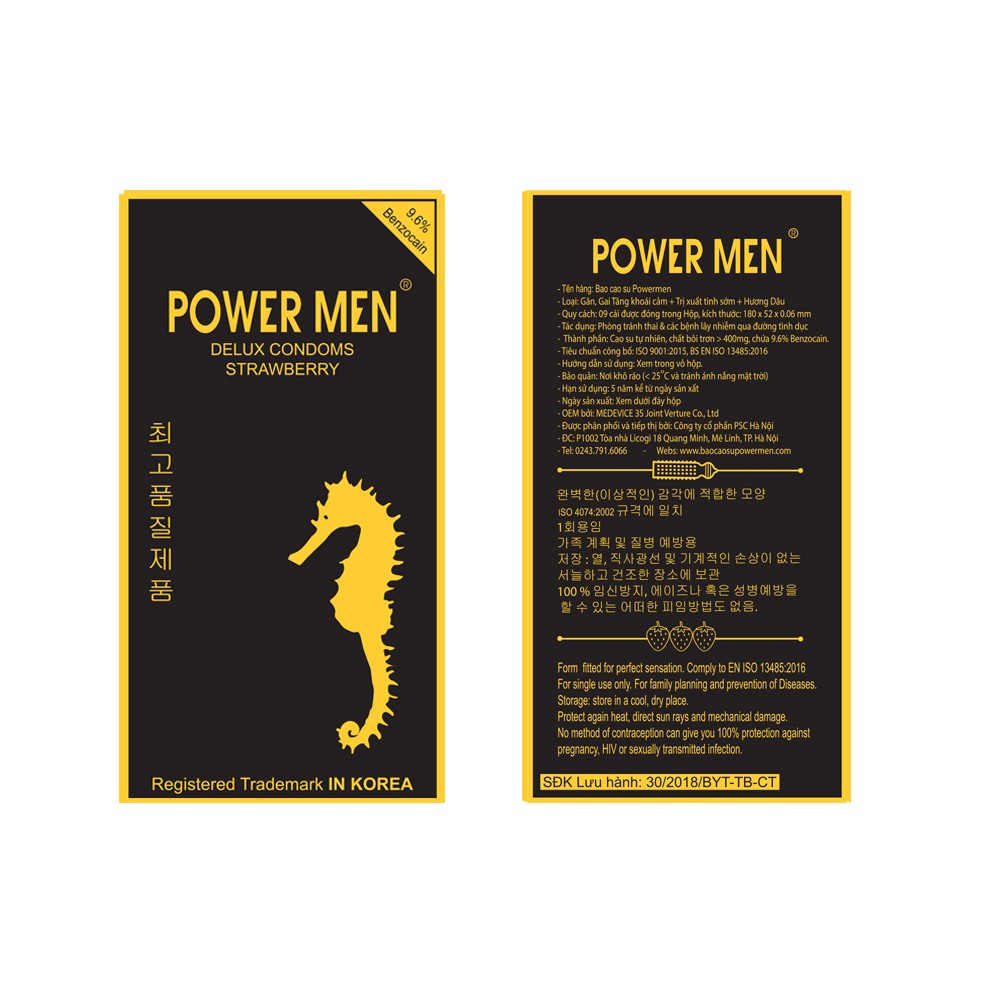 Bao cao su Gân Gai POWER MEN Strawberry Hương dâu, Chống xuất tinh sớm Hộp 9 chiếc