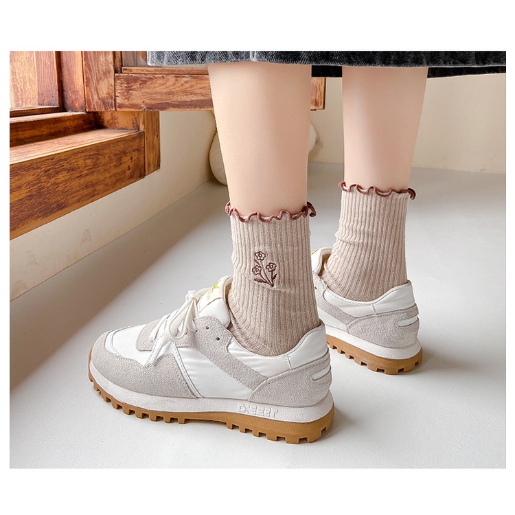 Tất nữ cổ bèo thêu hoa chất đẹp,tất nhún phong cách Hàn quốc Krystore CB10