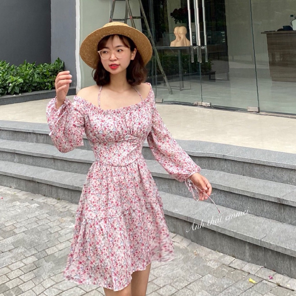Đầm hoa nhí trễ vai, váy hoa nhí cúp ngực Emmei v131