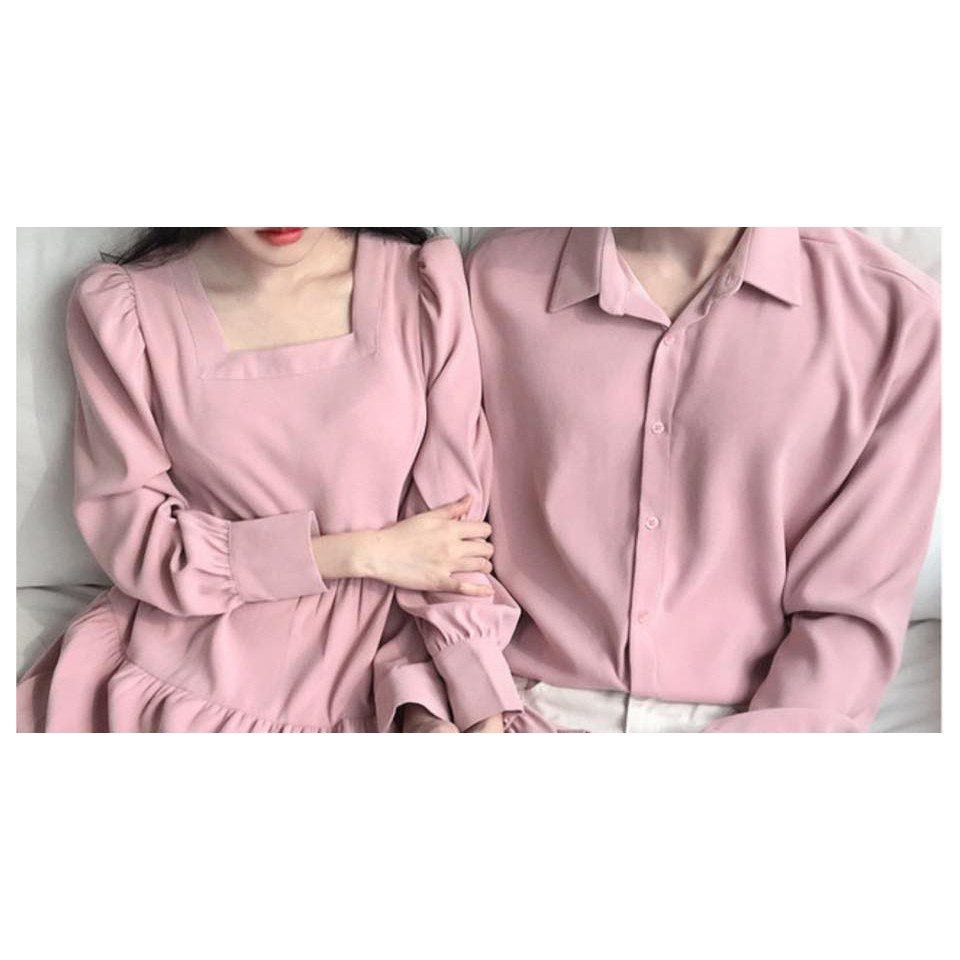 Áo đôi nam nữ thời trang dài tay thu đông - Set áo váy sơ mi đôi chất đẹp -HQCOUPLE- AV70 (có ảnh thật) .