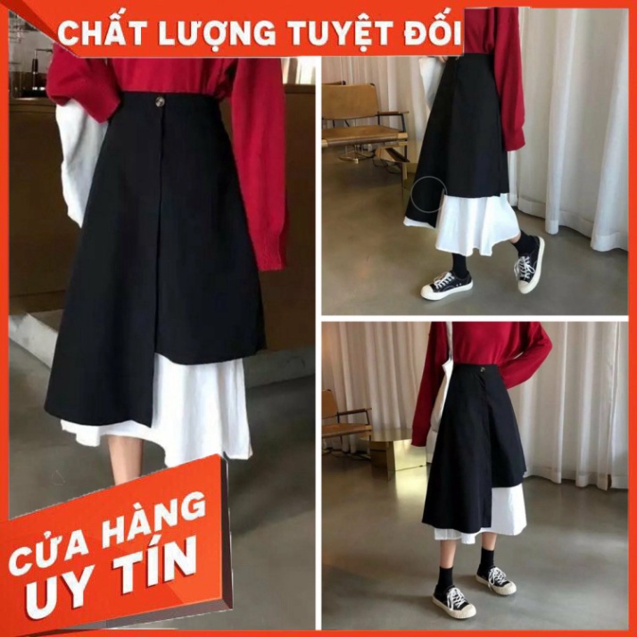 Chân váy dài ulzzang chất liệu voan dày xòe vạt lệch phối đen trắng CV09 - Hàng nhập khẩu