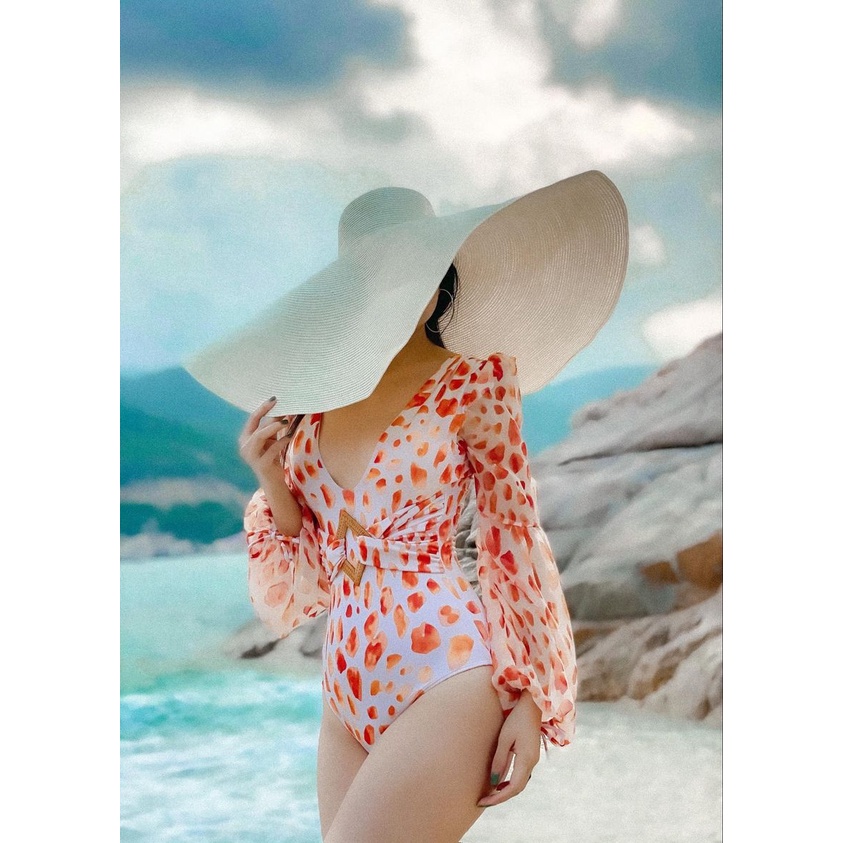 Bikini Hàn Quốc liền hoa cam cổ V dài tay