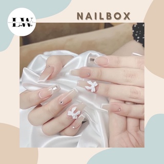 Nude thạch + vẽ viền lisa + charm nơ trắng