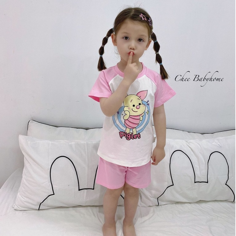 Đồ bộ bé gái mặc nhà chất thun cotton mềm mại. Sét bộ bé gái in hoạt hình đáng yêu  - CHEE BABYHOME SG077