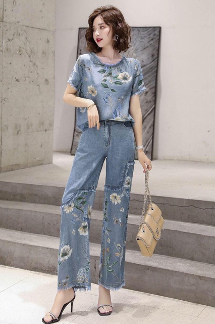Set jean nữ cao cấp thiết kế phối hoa trẻ trung năng động QCNP1866