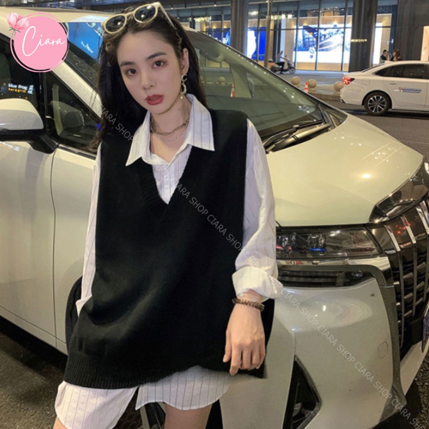 Áo sơ mi nữ form rộng kẻ sọc và áo gile nữ 2021 Ciara Shop TB34, set đồ nữ cá tính