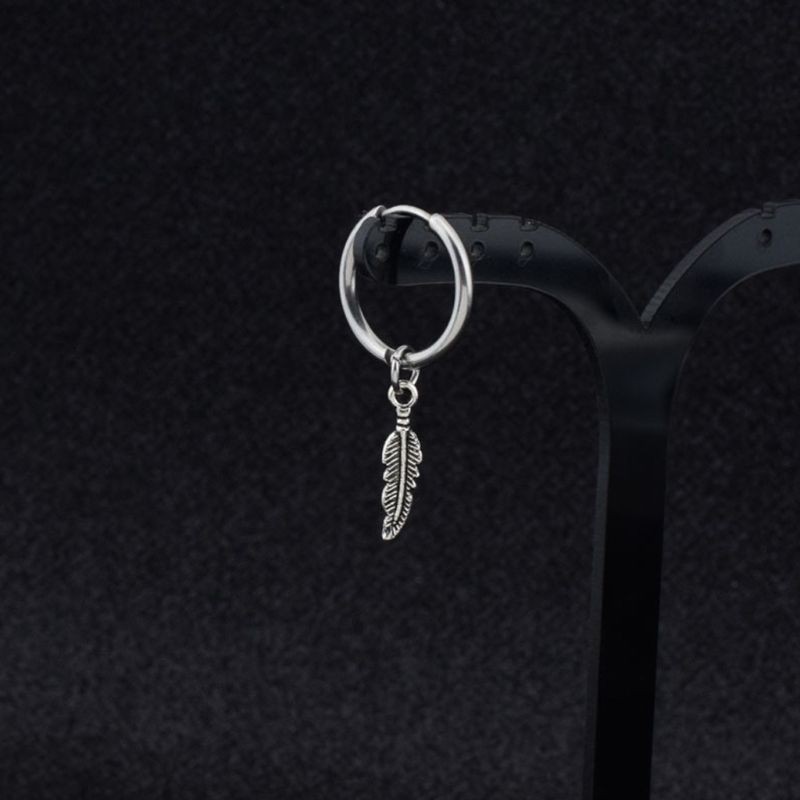 king Hip Hop Kpop Boy Leaf Titanium Feather Pendant Hoop Drop Earrings Korean Jewelry