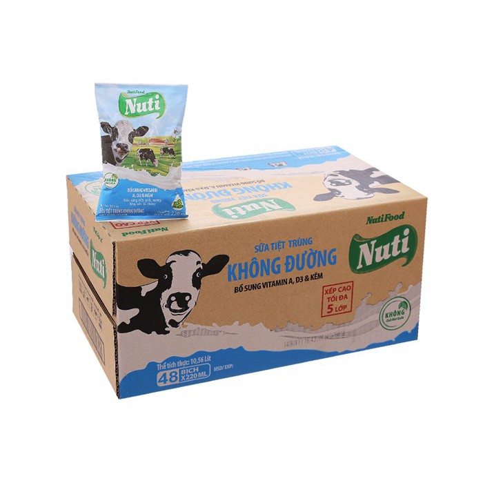Thùng sữa tươi Nuti NutiFood 48 bịch x 220ml --- không đường
