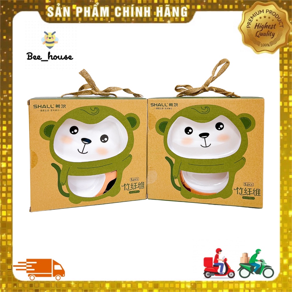 Set bát cốc thìa ăn dặm Shall hình khỉ 5 chi tiết 𝐁𝐞𝐞𝐡𝐨𝐮𝐬𝐞