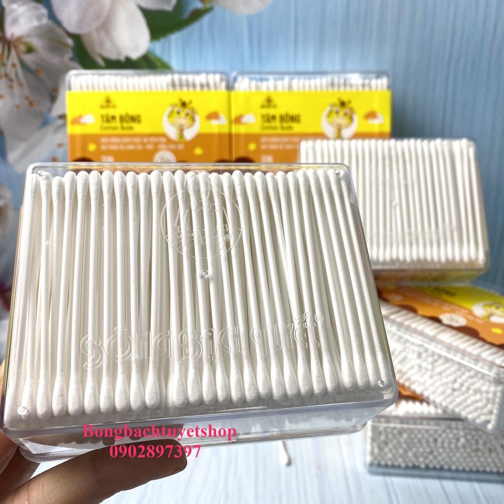 Tăm Bông Kotton Care For Kid đầu nhỏ HỘP CHỮ NHẬT 336 Que Bông Bạch Tuyết
