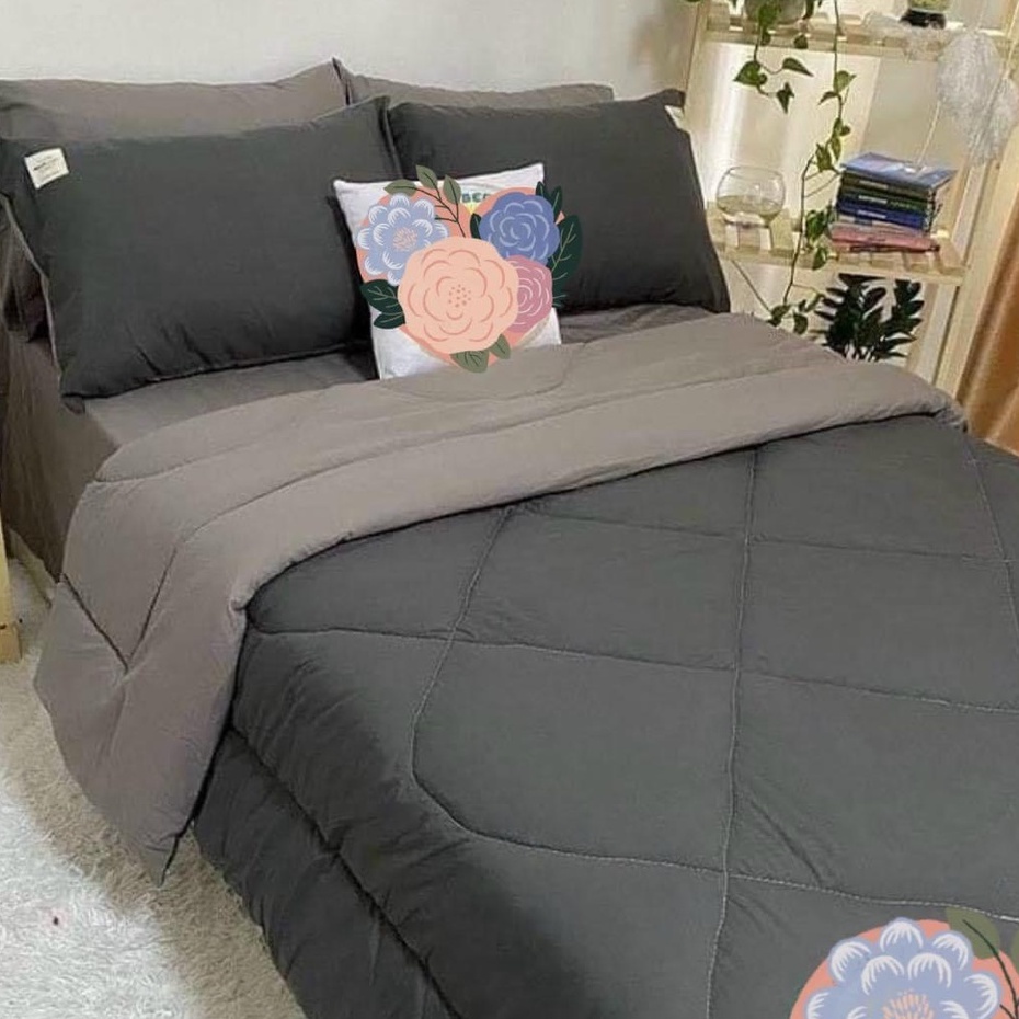 Bộ chăn phao trần bông dày êm và ga gối cotton tici phối màu trơn cao cấp