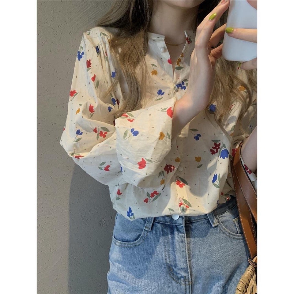 COZOK Áo Sơ Mi Chống Nắng Dáng Rộng Cổ Tròn In Hoa Xinh Xắn Hợp Thời Trang