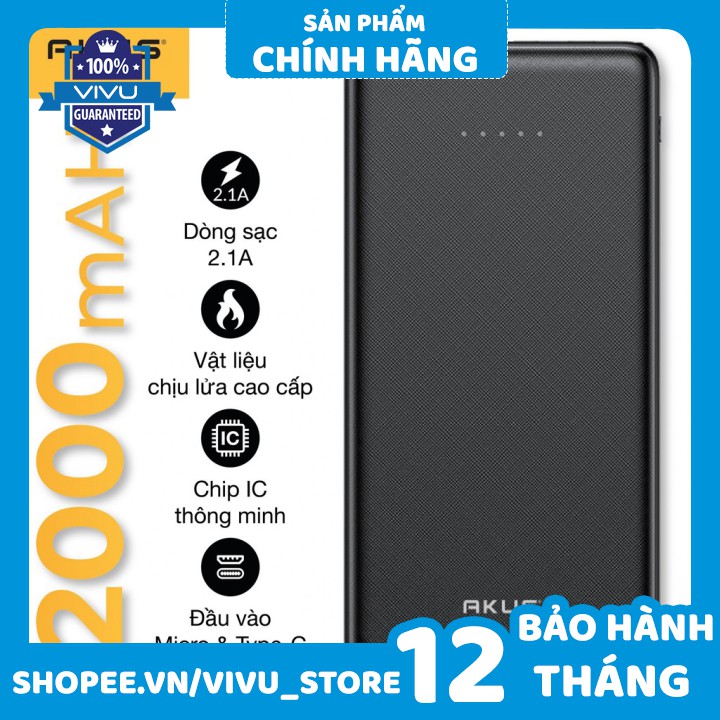 Pin Sạc Dự Phòng AKUS 12.000mAh - C12S Hàng chính hãng - Bảo hành 12 tháng - vivu store