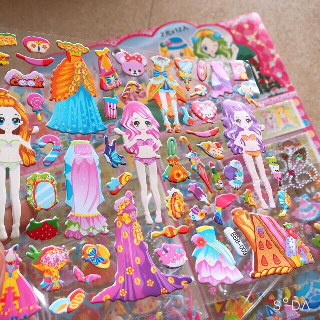 Sỉ vỉ dán sticker nổi kèm gậy phép thuật công chúa ( vỉ 12 bộ)