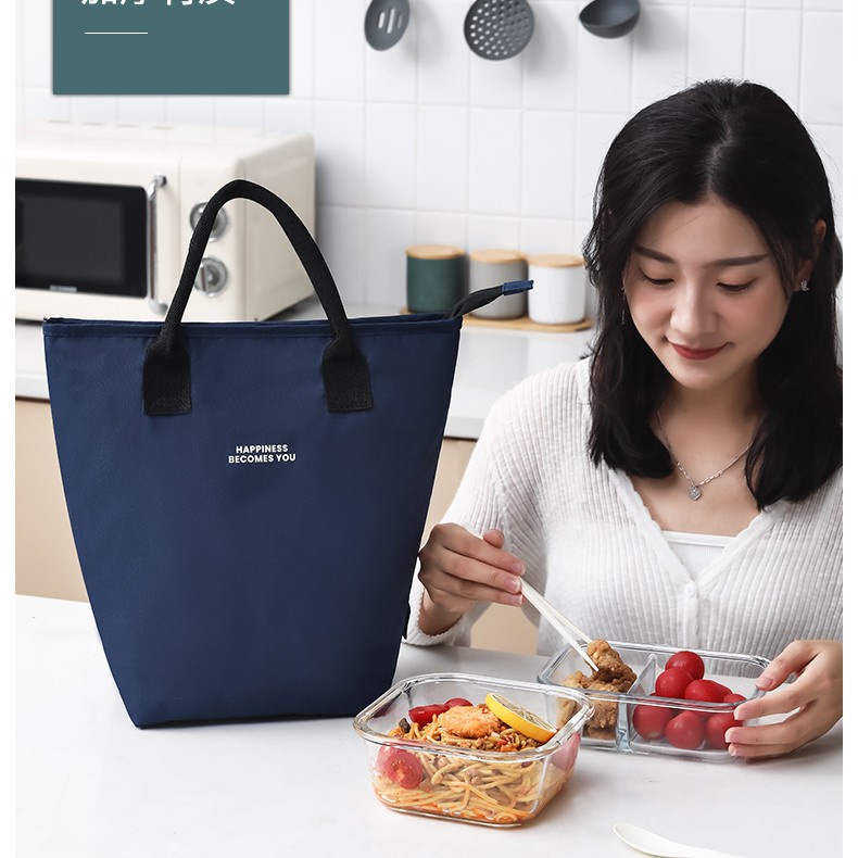 Túi đựng cơm giữ nhiệt cao cấp HAPPINES BECOMES YOU 002- có lót giấy nhôm dày, vải Oxford giữ nhiệt nóng, lạnh hiệu quả