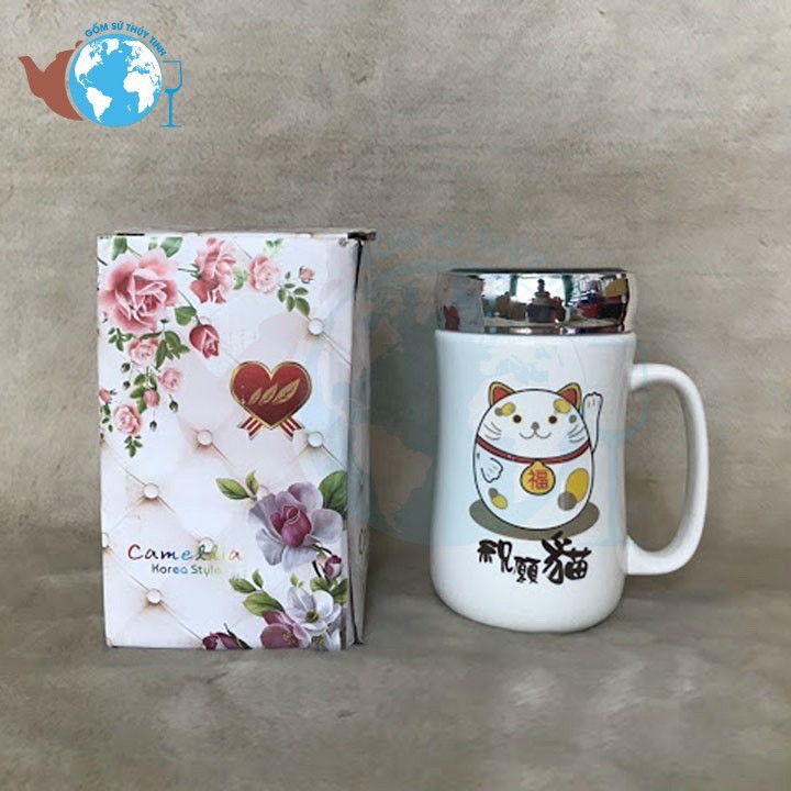 LY SỨ GIỮ NHIỆT 400ML NẮP TRÁNG GƯƠNG có tay cầm in họa tiết ngẫu nhiên